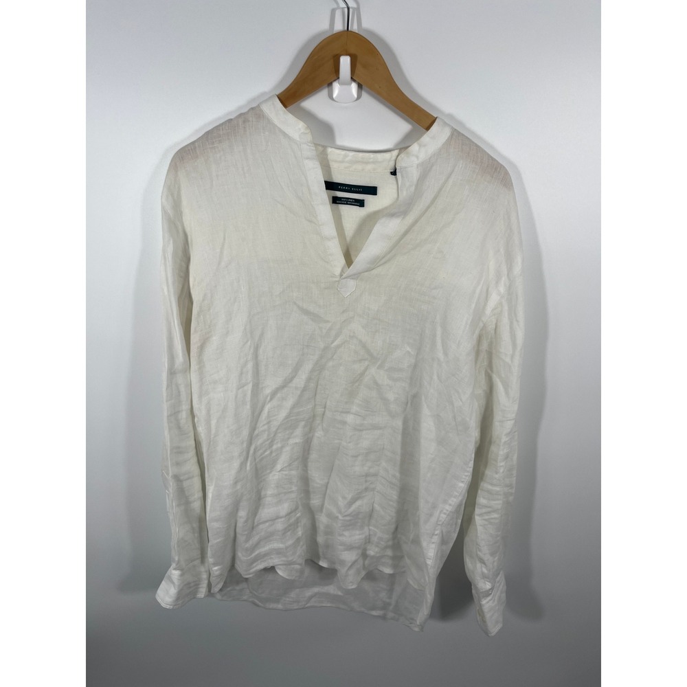 Perry Ellis Womens 100% Linen Pop Over Top S White Resort Coastal Euro Summer